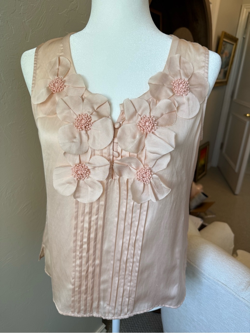 Talbots Collection 8P Silk Cotton Floral Appliqué Blouse Blush Pink
